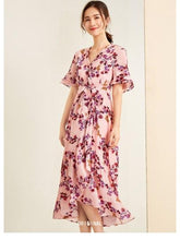 Sexy V Neck Ruffles Short Sleeves Printed Fashion Casual Summer Dresses